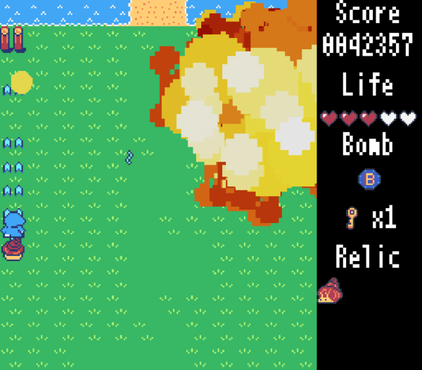 First boss in TANITANI WIZARD exploding in a huge fireball.