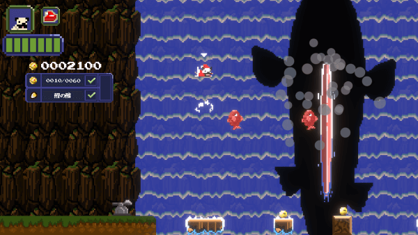 Screenshot of 7DAYS HEROES of the pug jumping across platforms and battling a giant carp hiding behind a waterfall