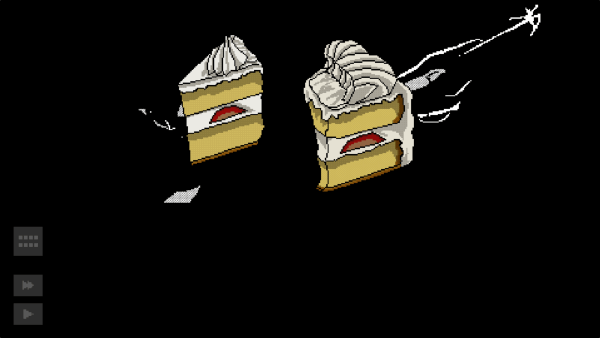 Screenshot of the game where a piece of cake is dramatically cut unequally in half while suspended midair.