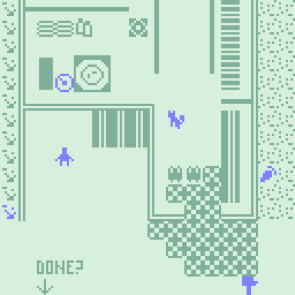 bitsy game of a house with cats, furniture, and the player character. At the bottom is an arrow pointing down saying 'Done?'