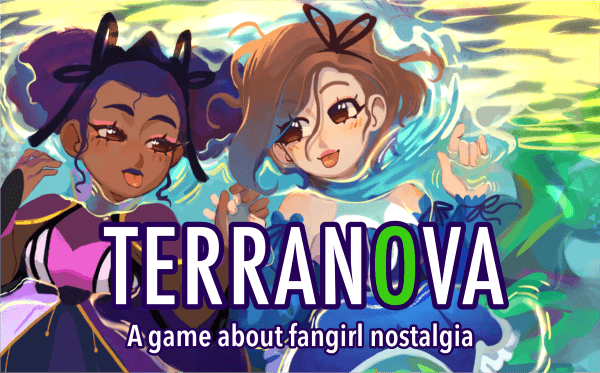 Title art of Terranova with Effie and Tourmaline laying side by side in a pool of water, looking at each other and holding hands