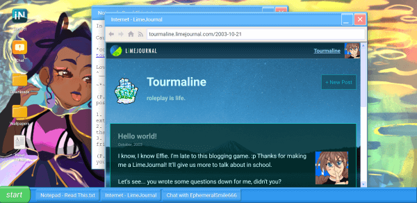 Tourmaline's first blog entry titled 'Hello world!' on Limejournal, a blogging service in the game Terranova