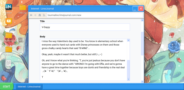 Blog composition screen for Tourmaline's blog talking about Valentine's Day and how she is planning to spend it with Effie, because friendship is better than boys.