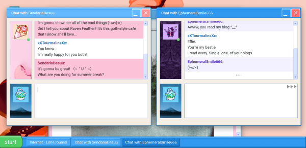 Two chat screens open, to the left is a bubbly screen with Sendaria talking about summer plans, and on the right is telling Effie that Tourmaline reads all of her blogs.