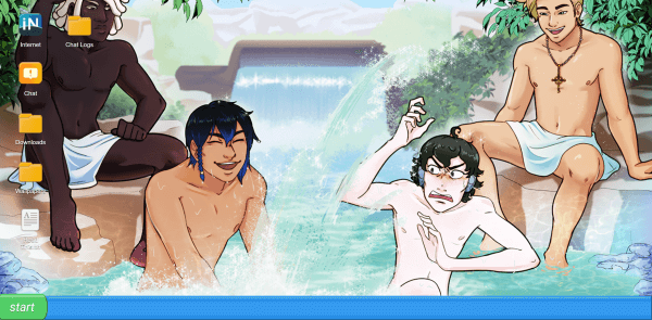 Windows XP-like desktop with a wallpaper of the four characters from the Terranova RP game, splashing and having fun at a hot spring.