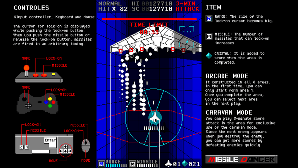 Player aiming at different sections of a large enemy ship in the original MissileDancer