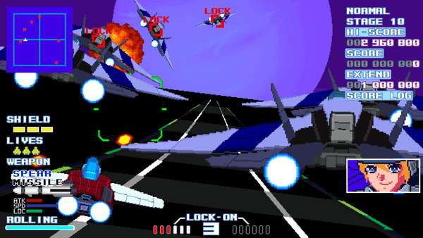 Player zooming along a highway while weaving around a line of enemy fighter jets swooping in from the sides and behind. On the horizon is an enormous purple planet that fills most of the sky.