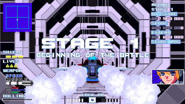 Player launching through the opening tunnel. Text reads 'Stage 1: Beginning of the Battle'