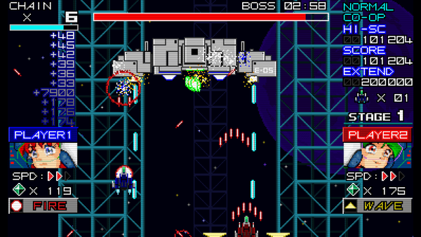 Two players in spaceships shooting at a huge enemy battleship