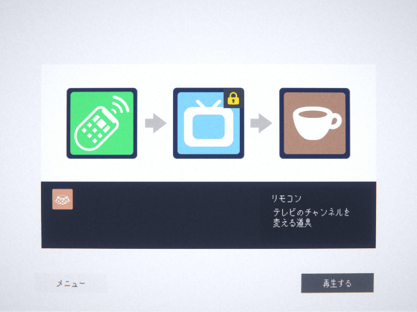 Three icons in a row. The left icon is green with a picture of a TV remote control. The center icon is blue with a TV on it, and a locked icon in the corner. The right icon is brown with a picture of a cocoa cup. There is a bank at the bottom to drag icons into place, and a pink icon with a picture of a kotatsu.