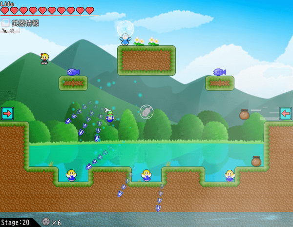 A level filled with leaping mermaids who shoot an arc of magic water at the player, plus the usual assortment of fairy and slime enemies