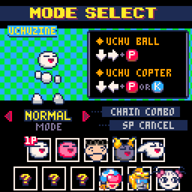 Three screens cycling through the different modes for Uchuzine: Normal, Joy Mega, and Choy Mega.