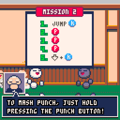 Screenshot of Hasshi-sensei in the Combo Dojo, teaching the player Uchuzine how to chain together a simple combo.
