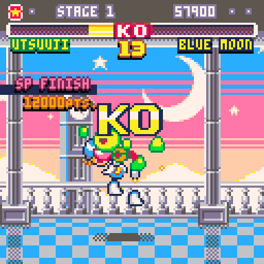 Screenshot of Utsuuji Man in Choy Mega mode knocking out Blue Moon by flying into her.