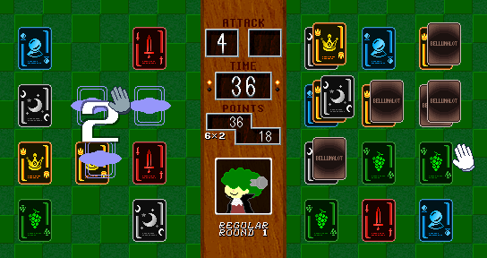 Two-player game of BELLUMAROT where player is flipping colorful cards against a CPU opponent with green hair