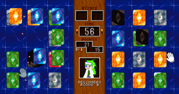 BELLUMAROT match with player versus a green-haired CPU character in a lab coat