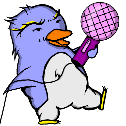 Adele the purple penguin, holding a giant pink microphone.