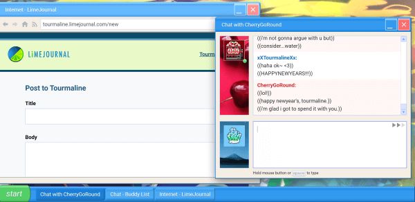A blank entry composition window open to Tourmaline's blog in one window, and a chat log with Cherry celebrating New Year's Eve together online.